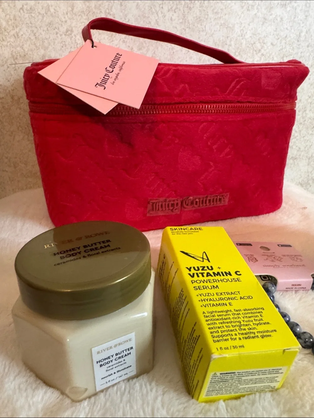 Juicy Couture Red Quilted Cosmetic Case with Handle Bundle